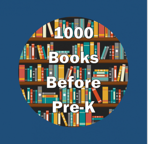 Many books on a bookshelf with a text overlay that reads "1000 Books Before Pre-K"
